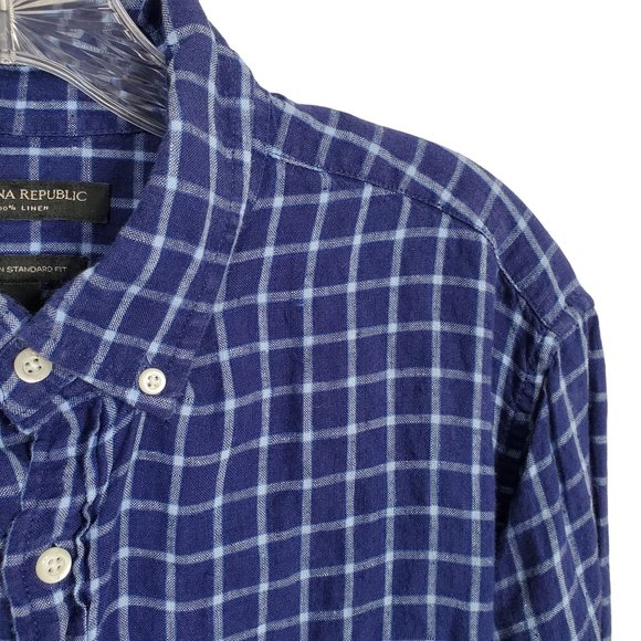 Banana Republic Mens Size L Shirt 100% Linen Camden Standard Fit Windowpane Blue - Picture 11 of 12